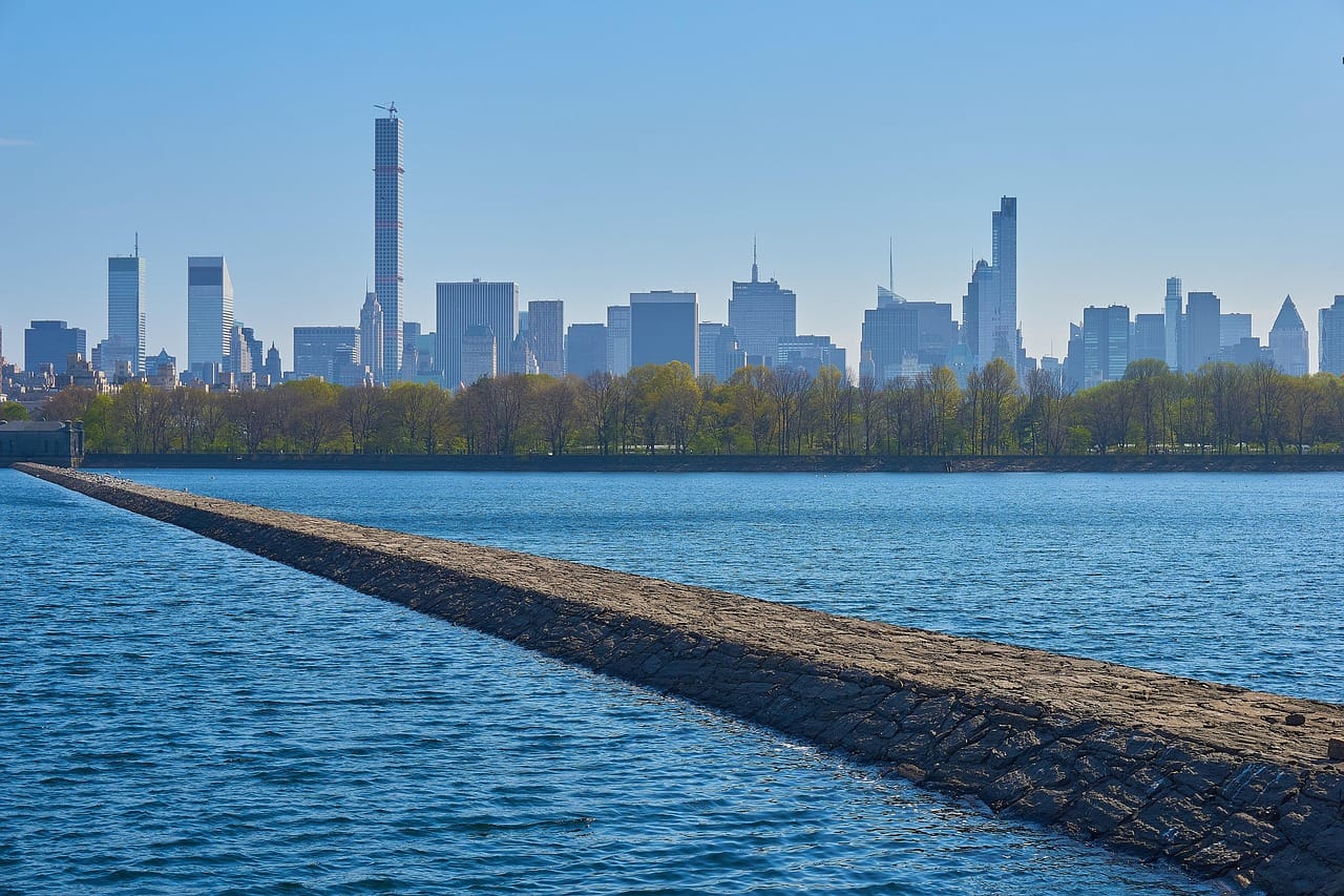 Central Park lake with New York City skyline