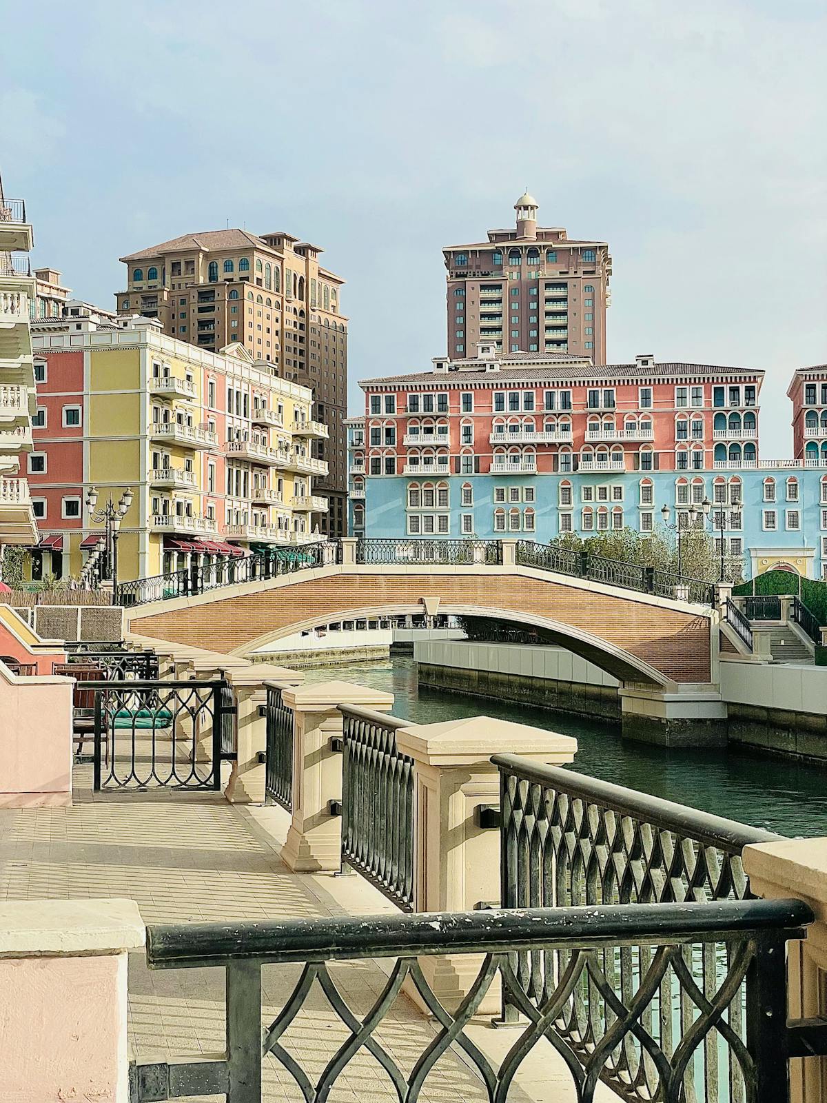 The Pearl Qatar Porto Arabia marina with colorful Mediterranean waterfront architecture