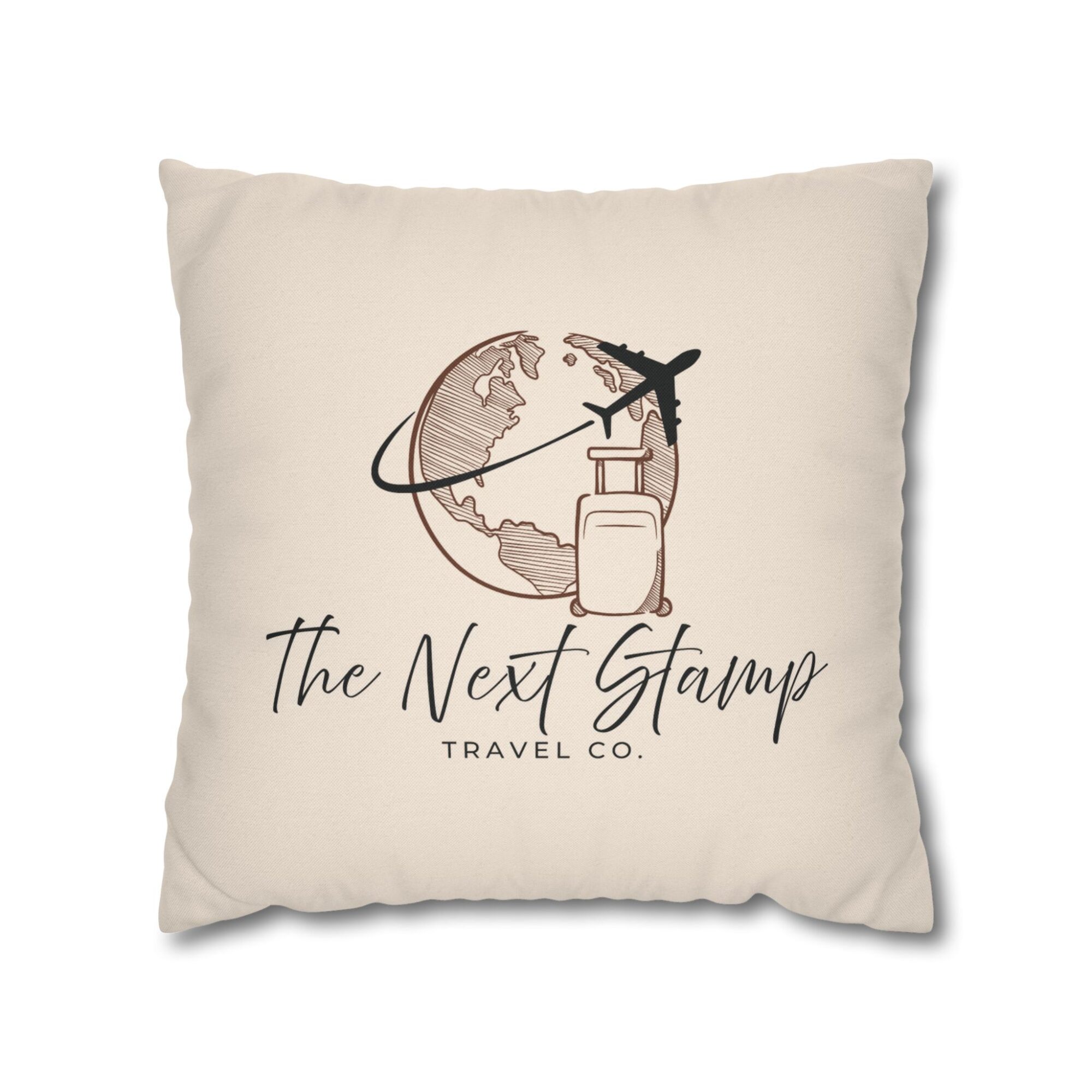 Travel Logo Pillowcase — "The Next Stamp" Globe & Luggage Decorative Pillow Cover