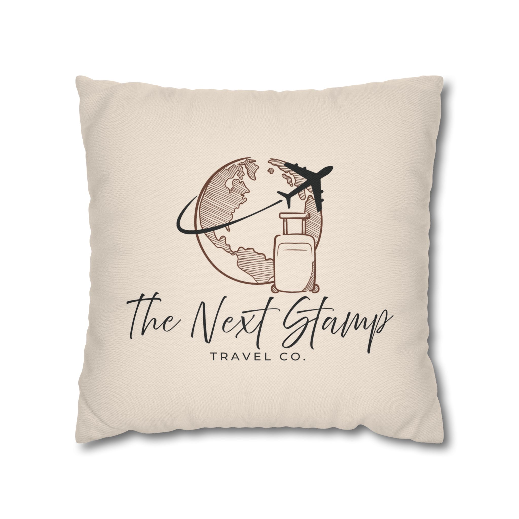 Travel Logo Pillowcase — "The Next Stamp" Globe & Luggage Decorative Pillow Cover