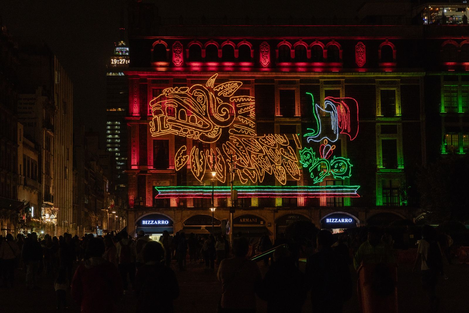 Mexican Independence Day light projections on a Centro Historico building during Fiestas Patrias in Mexico City