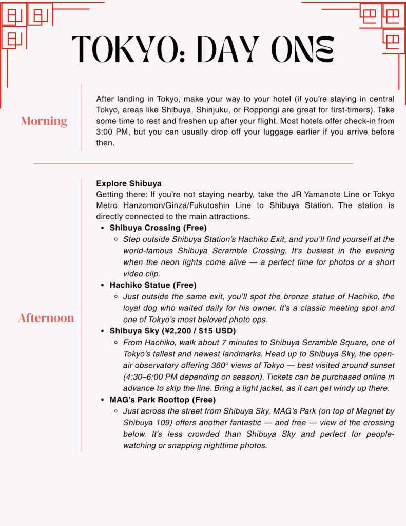 Sample Tokyo day plan with morning arrival and afternoon sightseeing