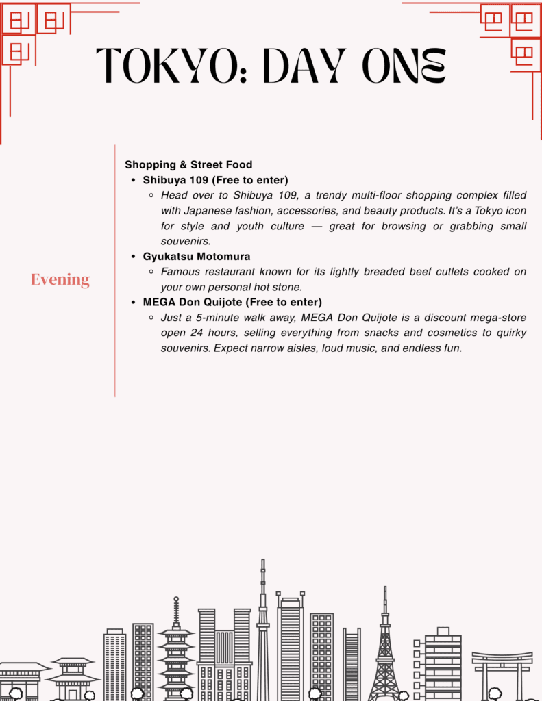 Sample Tokyo evening plan with shopping and dining recommendations