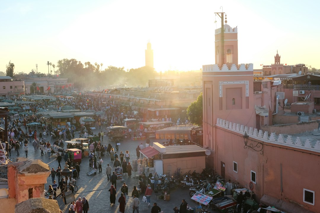 Jemaa el-Fnaa square in Marrakech, Morocco, busy with stalls and visitors