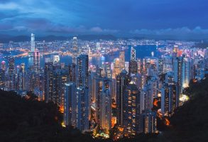 A breathtaking view of Hong Kong's illuminated skyline at night from Victoria Peak.